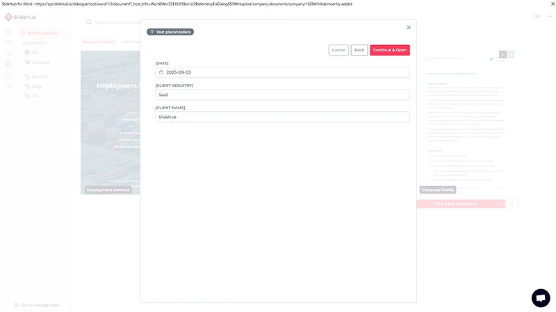 Screenshot showcasing the document download form with placeholder fields that require user input