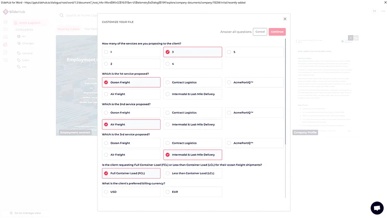 A screenshot showing a form that allows users to select from a list of predefined answers, which automates the creation of a document