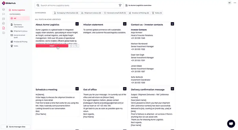 A screenshot of the SlideHub library showing multiple available text snippets and the process of inserting a selected one by clicking the Insert button