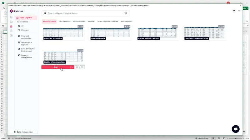 Screenshot of SlideHub’s platform in Excel, showing a library of company-uploaded spreadsheets (e.g., quotations, cost breakdown, invoice register, shipment tracker) with an option to insert/open them directly into Excel