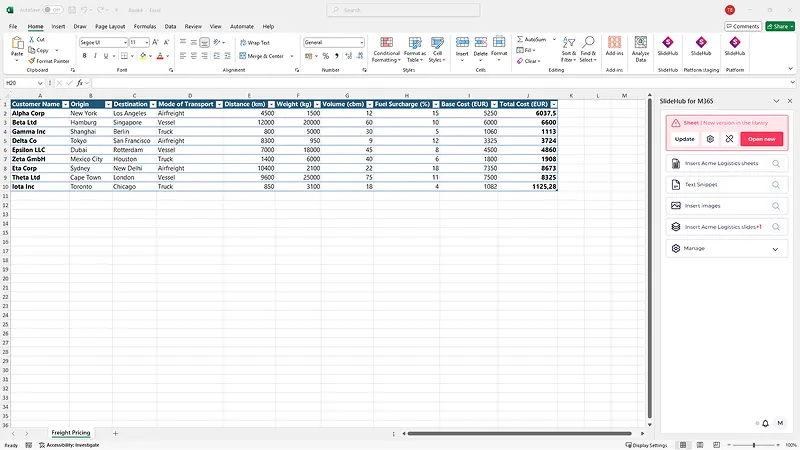 Screenshot of the SlideHub add-in showing a red version control notification alerting users that their open spreadsheet is outdated and a newer version is available