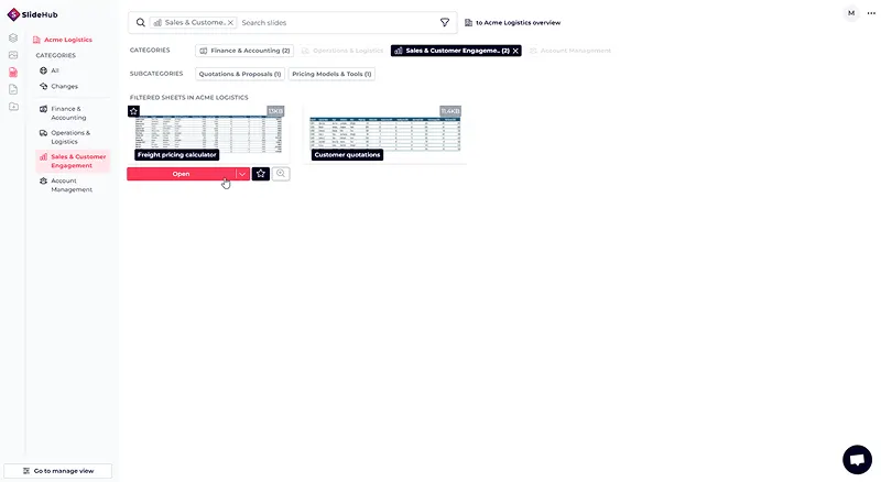 Screenshot of SlideHub’s asset library showing centrally managed company spreadsheets, ensuring employees can access the same validated templates and spreadsheets