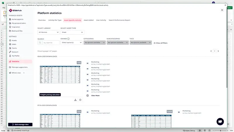 Screenshot of SlideHub’s platform statistics dashboard showing spreadsheet downloads and activity by users