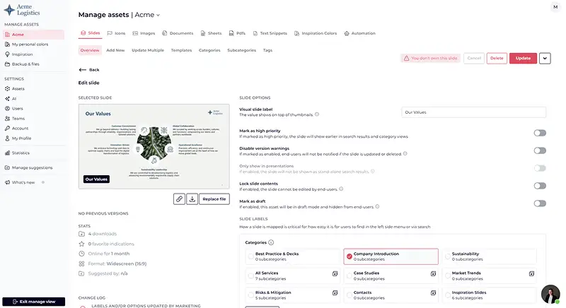 Screenshot of the asset management view with a warning message shown when the user is not the asset owner