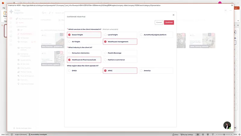 Screenshot of a form-based automation where end-user selections are used to generate a tailored presentation
