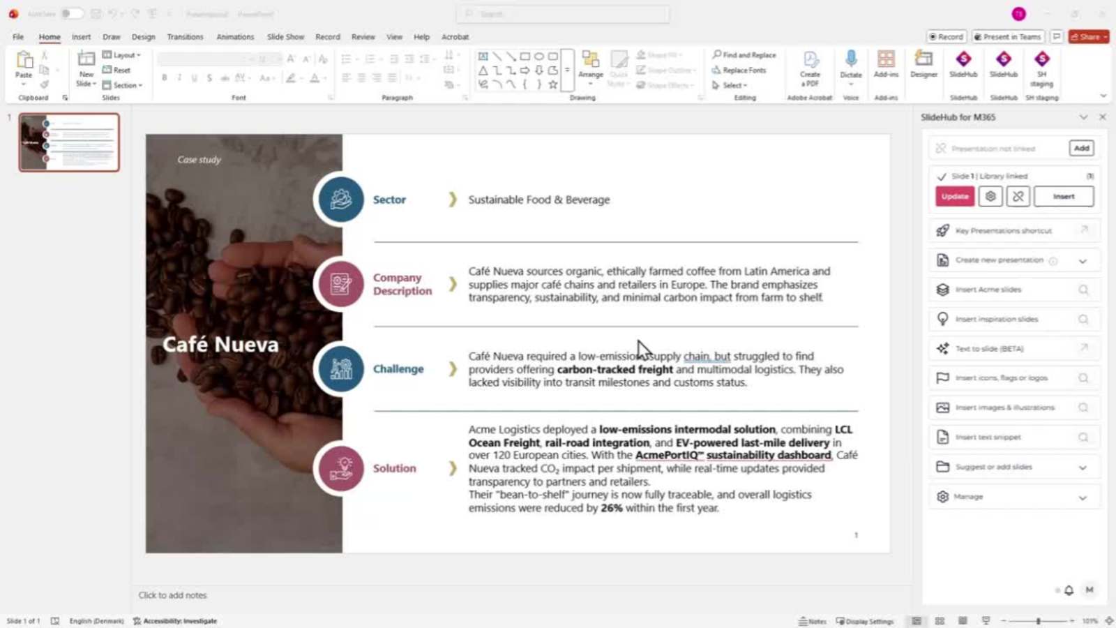 Inserting an approved on-brand logo from a governed asset library into a PowerPoint slide