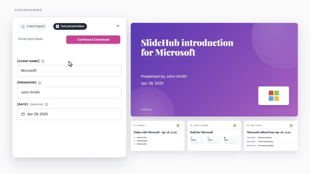 Sales presentation software filling placeholders in an approved PowerPoint deck