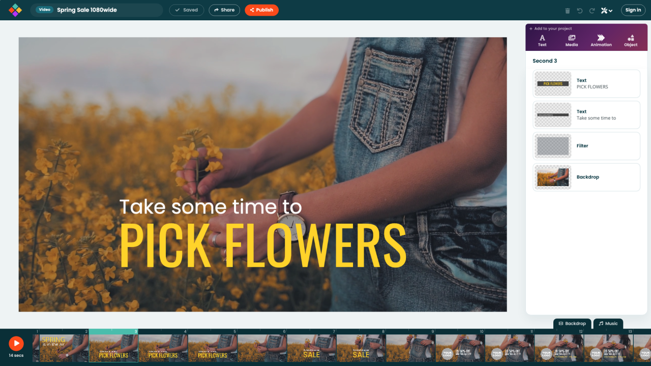 The redesigned Movidmo video editor: the Add to your project row and object panel on the right, canvas in the middle, timeline along the bottom