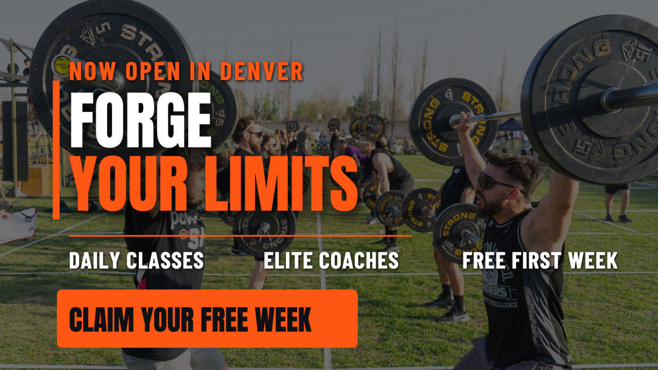 An energetic promotional graphic for a new CrossFit gym opening in Denver. Bold colors, powerful imagery, motivational tone. Highlight classes, coaches, and a free first week offer.
