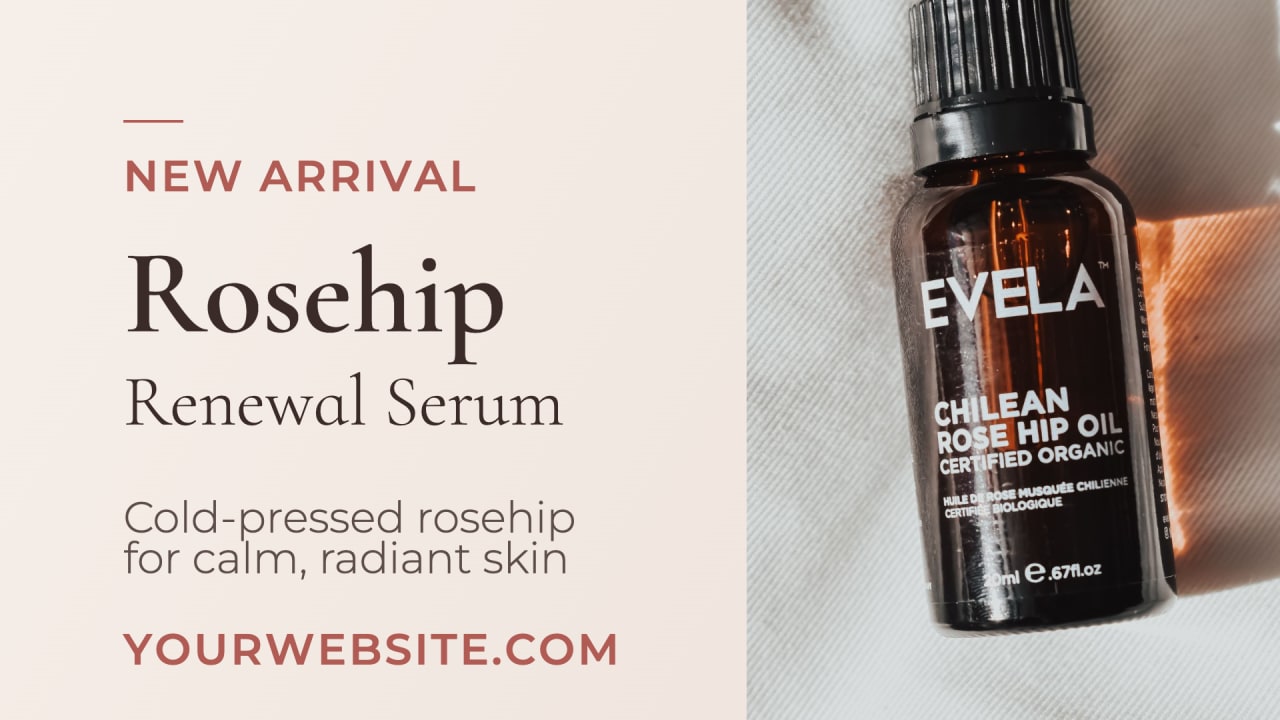 A sleek product launch graphic for a new rose hip face serum by a natural skincare brand. Calm, luxurious feel, soft lighting, botanical imagery. Include the product name and website.