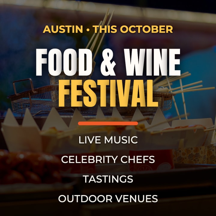 A vibrant promotional graphic for the Austin Food & Wine Festival happening this October. Highlight live music, celebrity chefs, tastings, and outdoor venues. Exciting and upbeat energy.