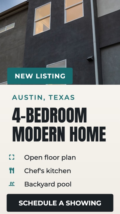 A professional listing graphic for a modern 4-bedroom home in Austin, Texas. Bright, airy feel with natural light. Highlight open floor plan, chef’s kitchen, and backyard pool. Call to action: schedule a showing.