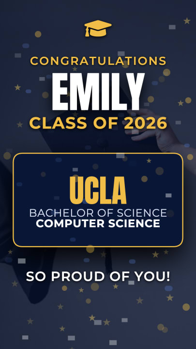 A fun, celebratory graphic congratulating Emily on graduating from UCLA with a degree in Computer Science. Class of 2026. Proud family tone, confetti and excitement, navy and gold colors.