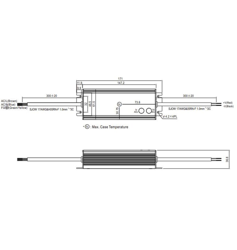 Tekening van Meanwell voeding 60VA 24V 2.5A HLG-60H-24A 31000205 img