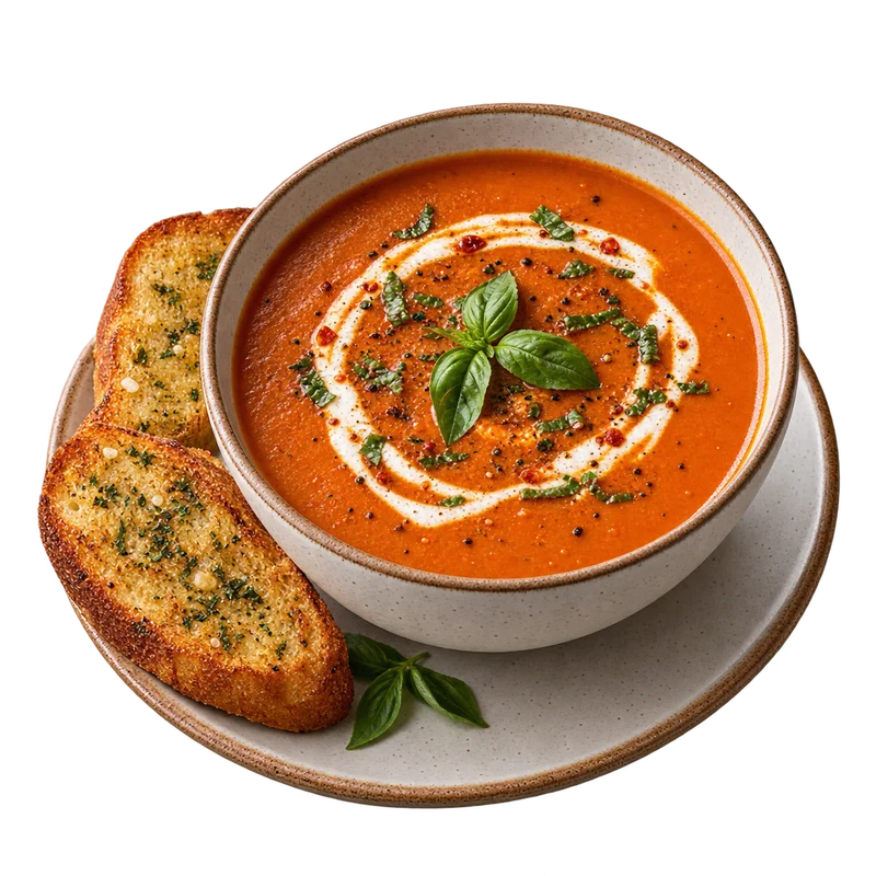 Tomato Basil Soup with Garlic Bread