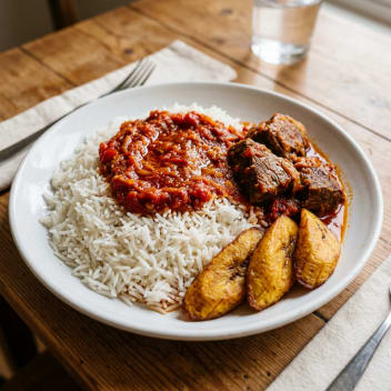 White Rice and Stew with beef and plantain 1