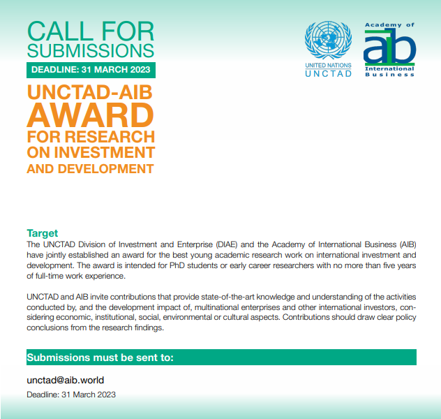 Competition| Call For Submissions| UNCTAD-AIB Award-For Research On Investment And Development.