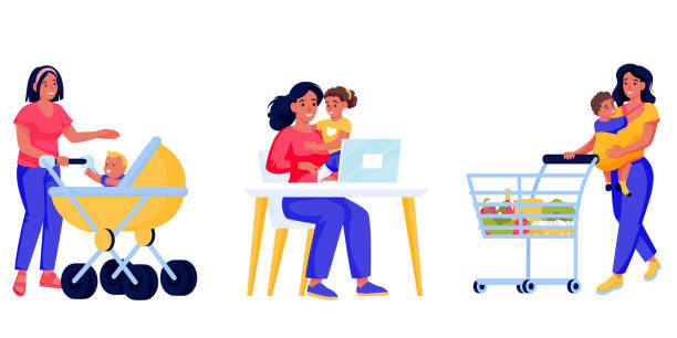animation image -  mom with bay at supermarket, desk and walking
