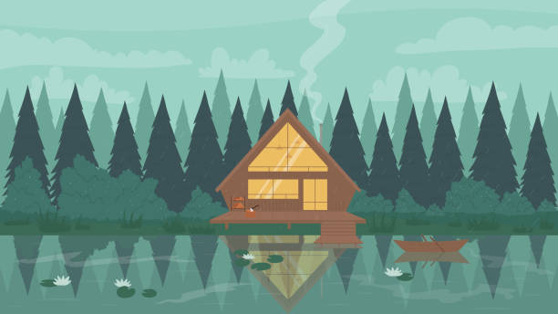 Animated illustration of a small house by a lake.