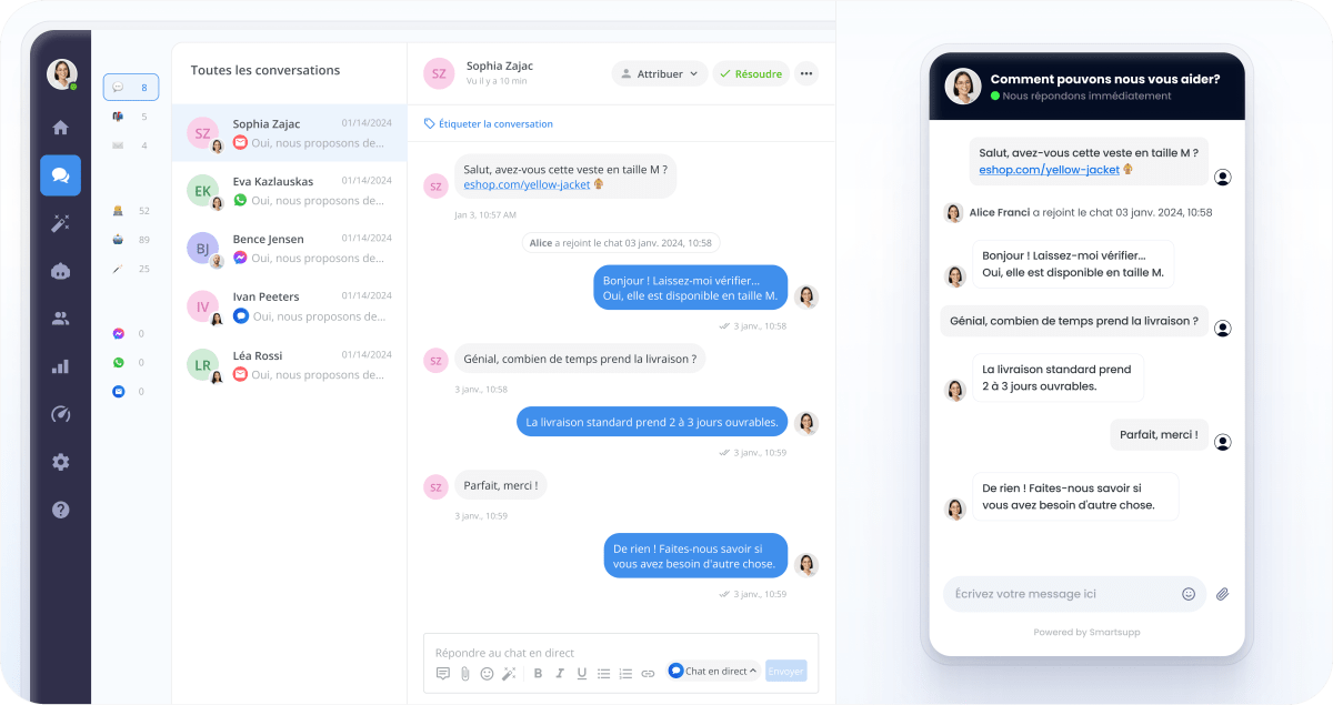 Tableau de bord Smartsupp & Boîte de chat