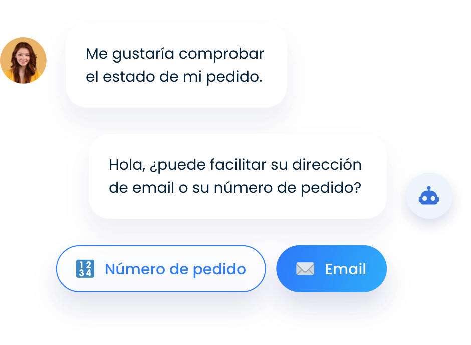 Mujer que quiere saber el estado de su pedido y un chatbot que le pide una dirección de correo electrónico o un número de teléfono