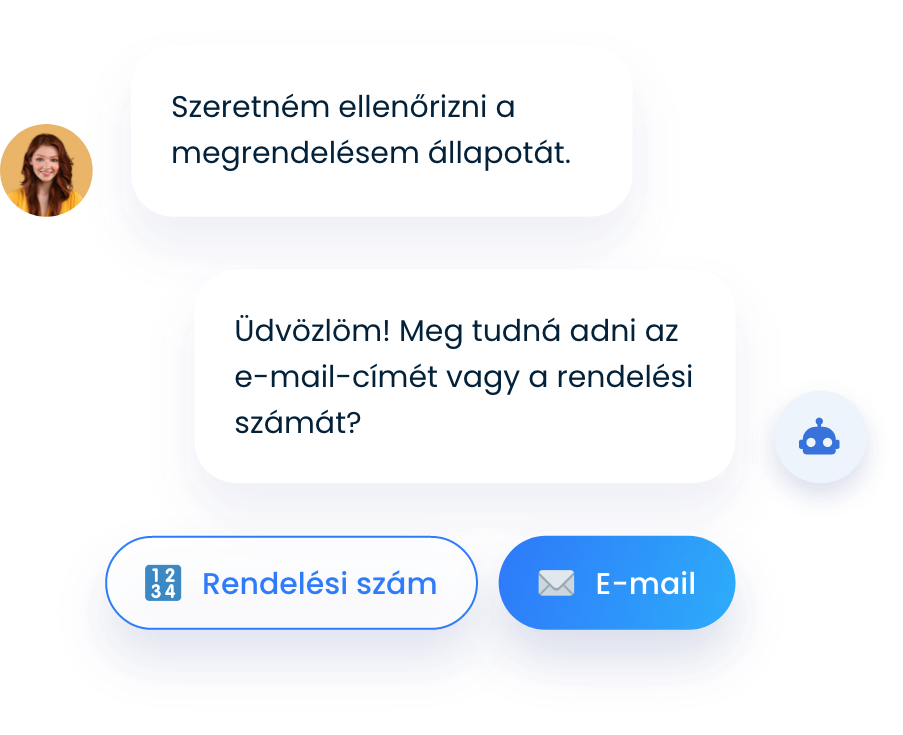 Egy nő, aki a rendelése állapotát szeretné megtudni, és egy chatbot, amely e-mail-címet vagy telefonszámot kér tőle