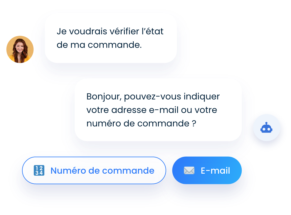 Une femme souhaitant connaître l'état de sa commande et un chatbot qui lui demande une adresse électronique ou un numéro de téléphone