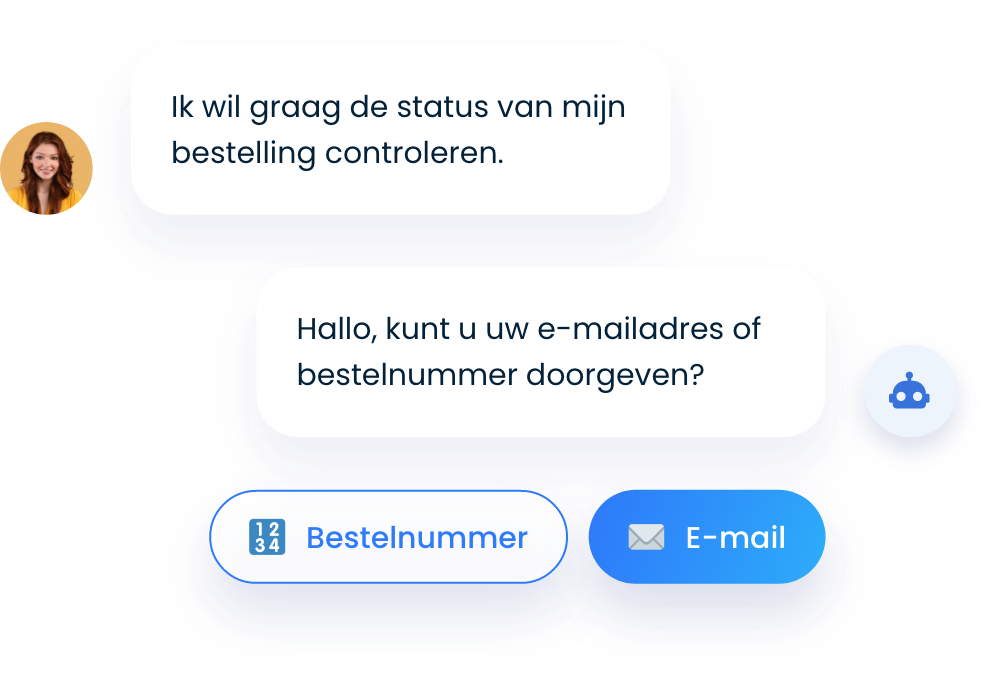 Vrouw die de status van haar bestelling wil weten en een chatbot die haar om een e-mailadres of telefoonnummer vraagt