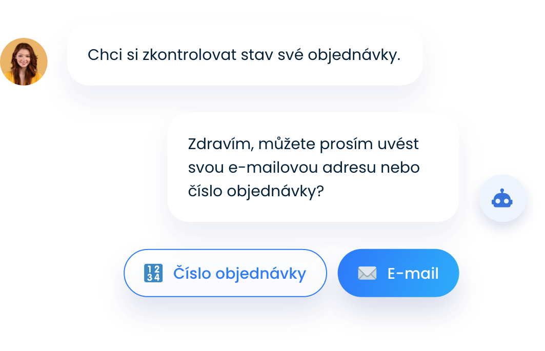 Žena, která chce znát stav své objednávky, a chatbot, který ji žádá o e-mailovou adresu nebo telefonní číslo