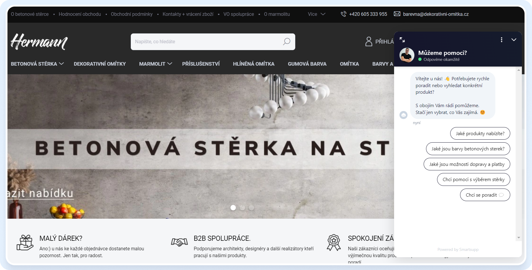 Takto vypadá úvodní zpráva klasického chatbota na e-shopu Dekorativni-omitka.cz