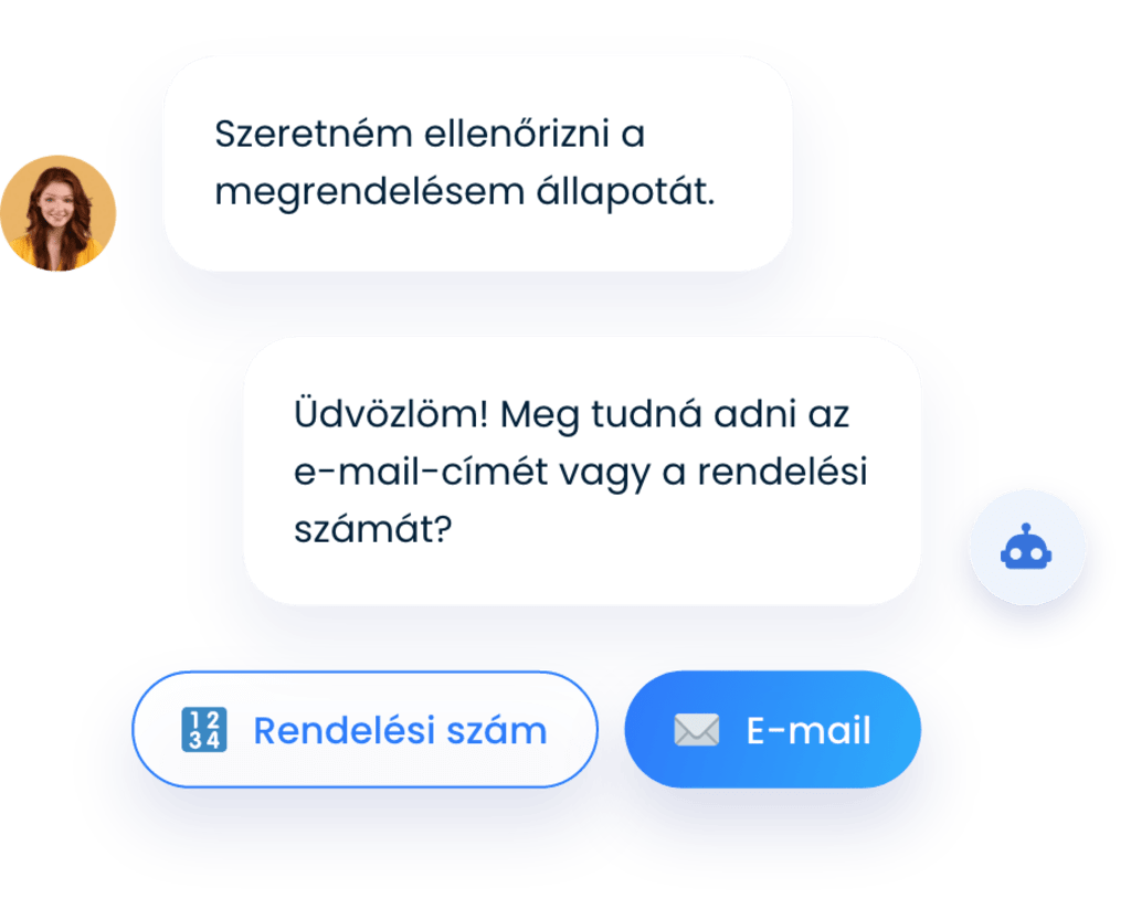 Egy nő, aki a rendelése állapotát szeretné megtudni, és egy chatbot, amely e-mail-címet vagy telefonszámot kér tőle