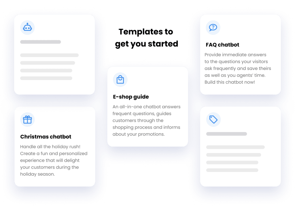 Příklady předpřipravených šablon chatbotů - chatbot FAQ, chatbot pro e-shopy a vánoční chatbot.