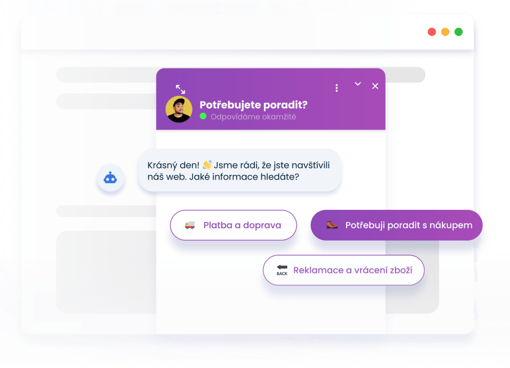 Smartsupp live chat s jednoduchým FAQ chatbotem, který se ptá s čím potřebujete pomoci.