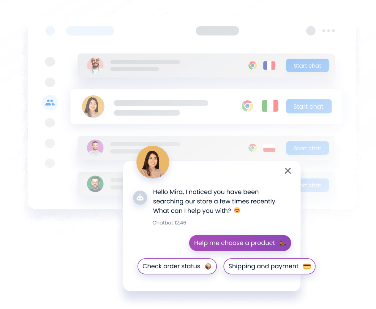 Simple live chat conversation with visitor list in the background