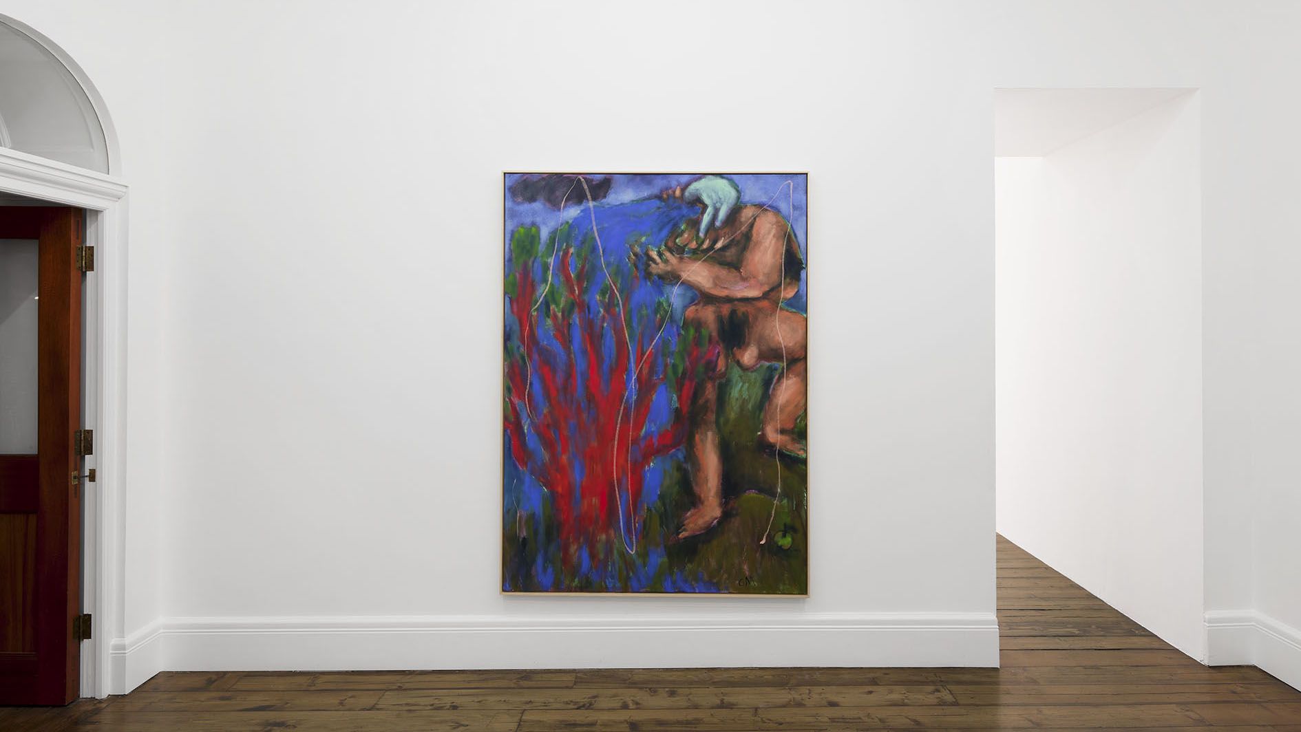 Gallery wall displaying the same colorful expressionist painting with nude figure, hung in a white-walled exhibition space.