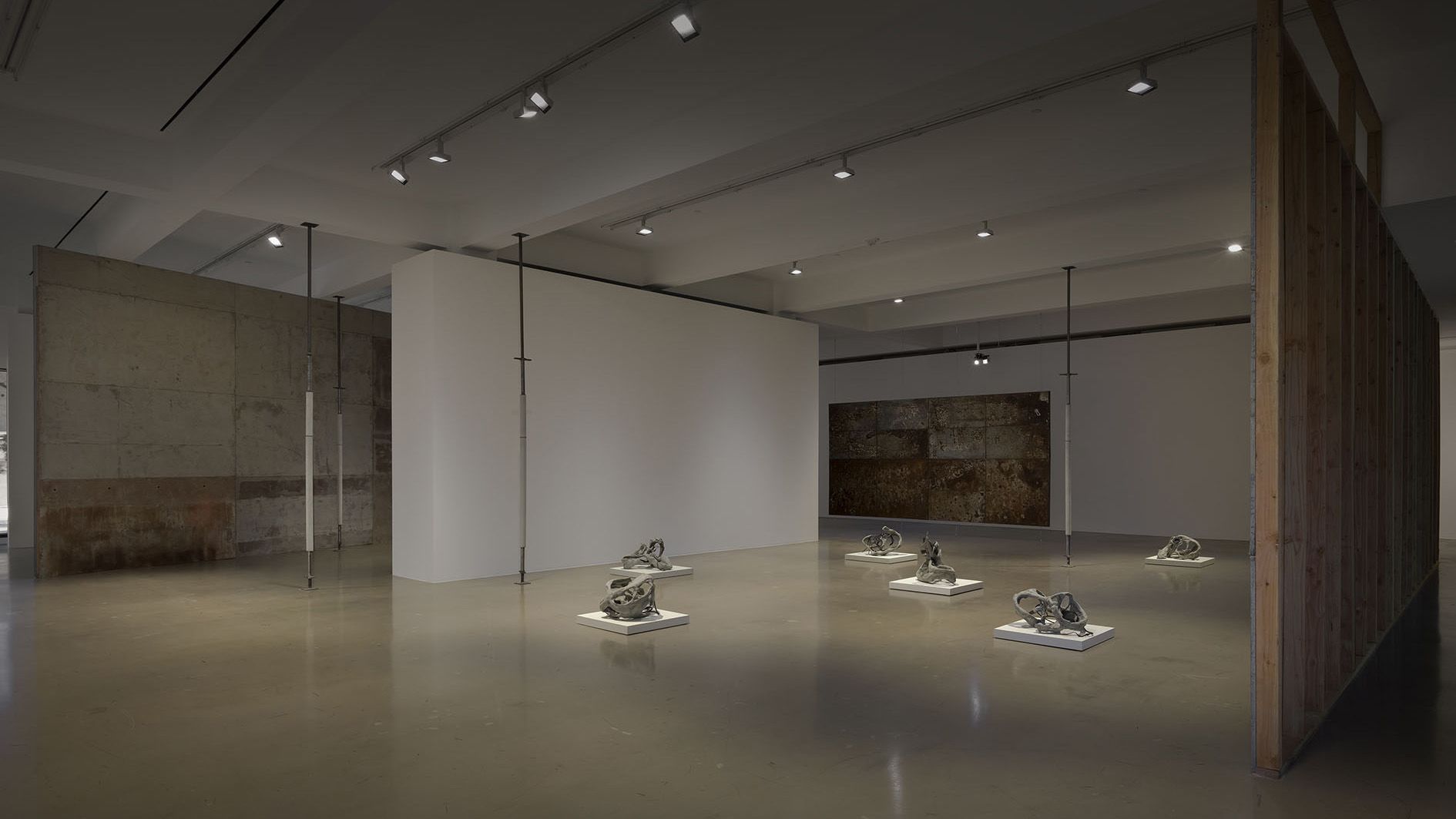 Modern art gallery with concrete walls displaying white sculptural objects on pedestals under track lighting.