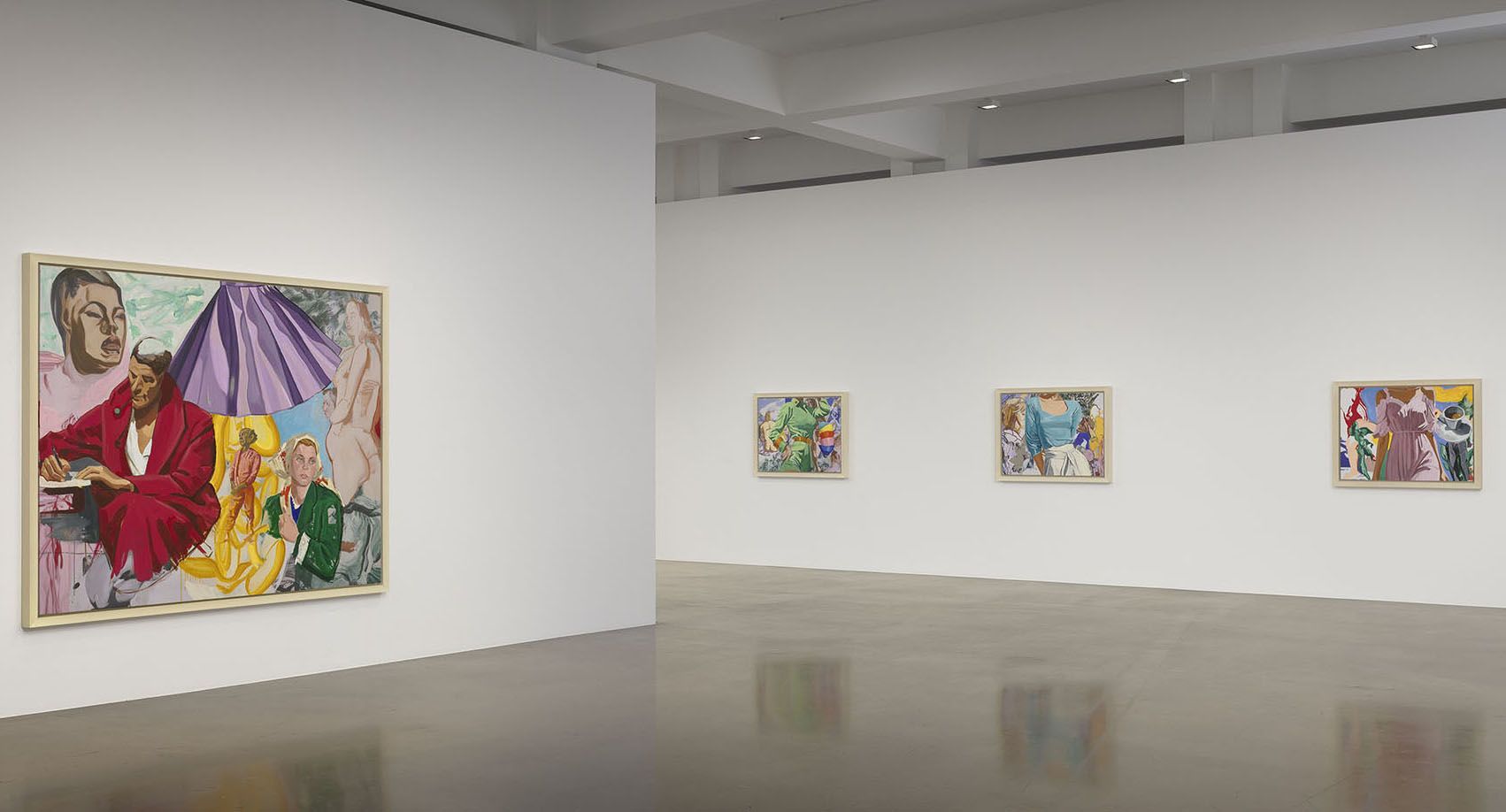 Gallery with large colorful painting of figures under purple dress; three smaller works on opposite wall.