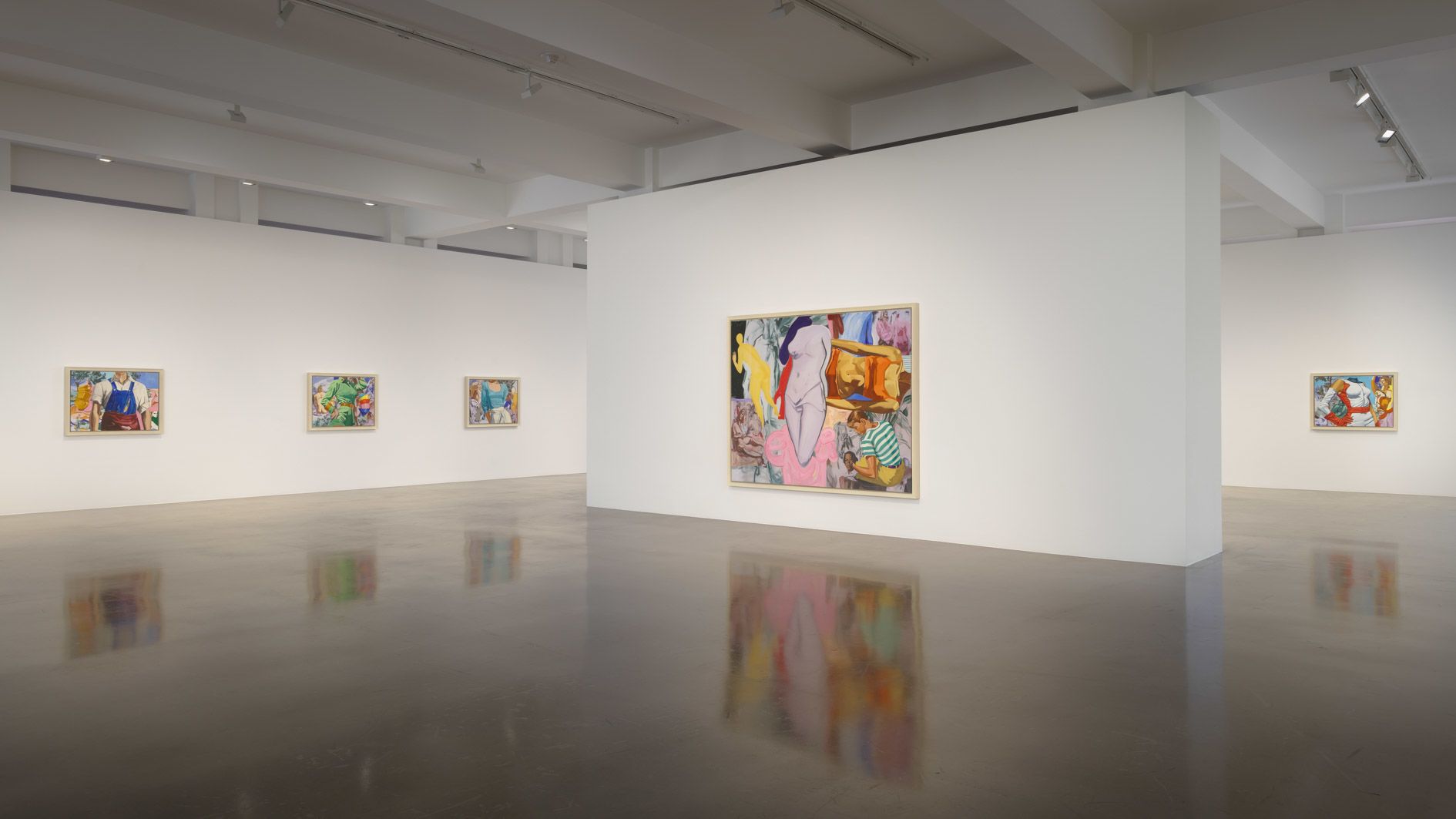 Spacious gallery with colorful figurative paintings, large central canvas with pink nude, reflective floor.