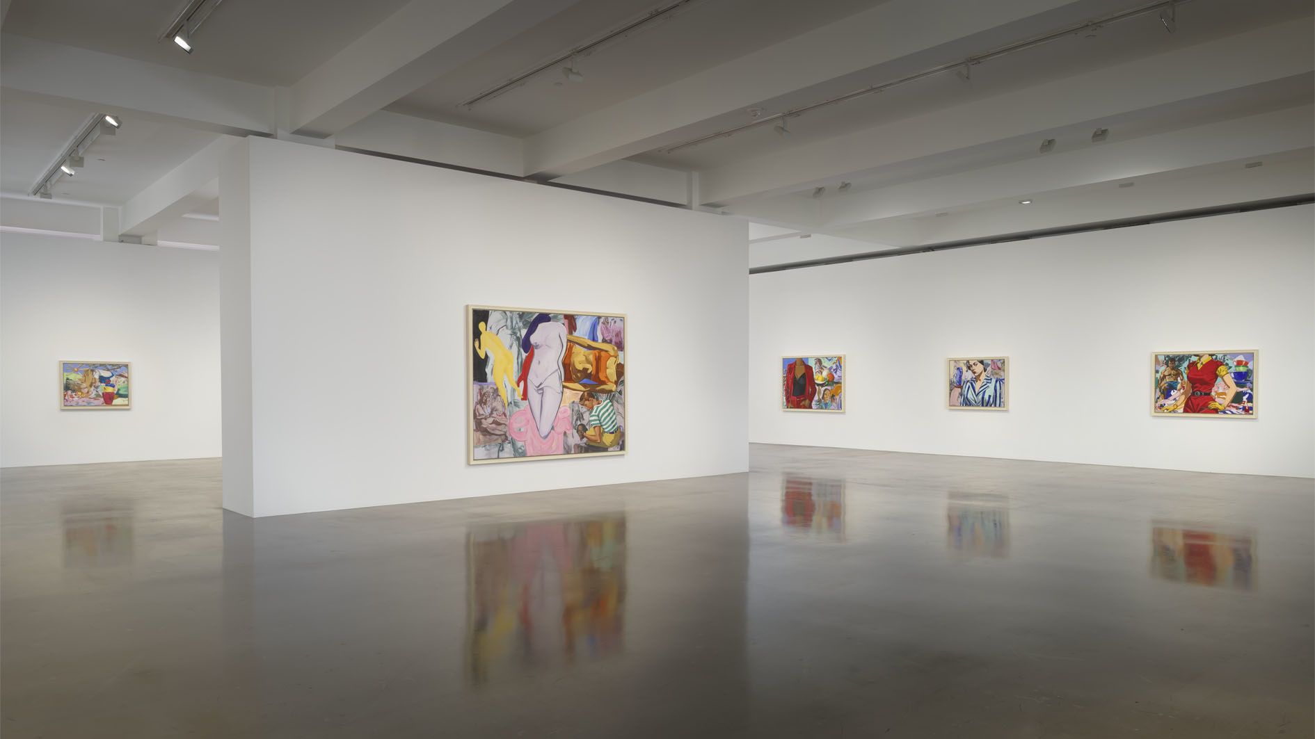 Gallery interior with colorful figurative paintings on white walls, polished reflective concrete floor.