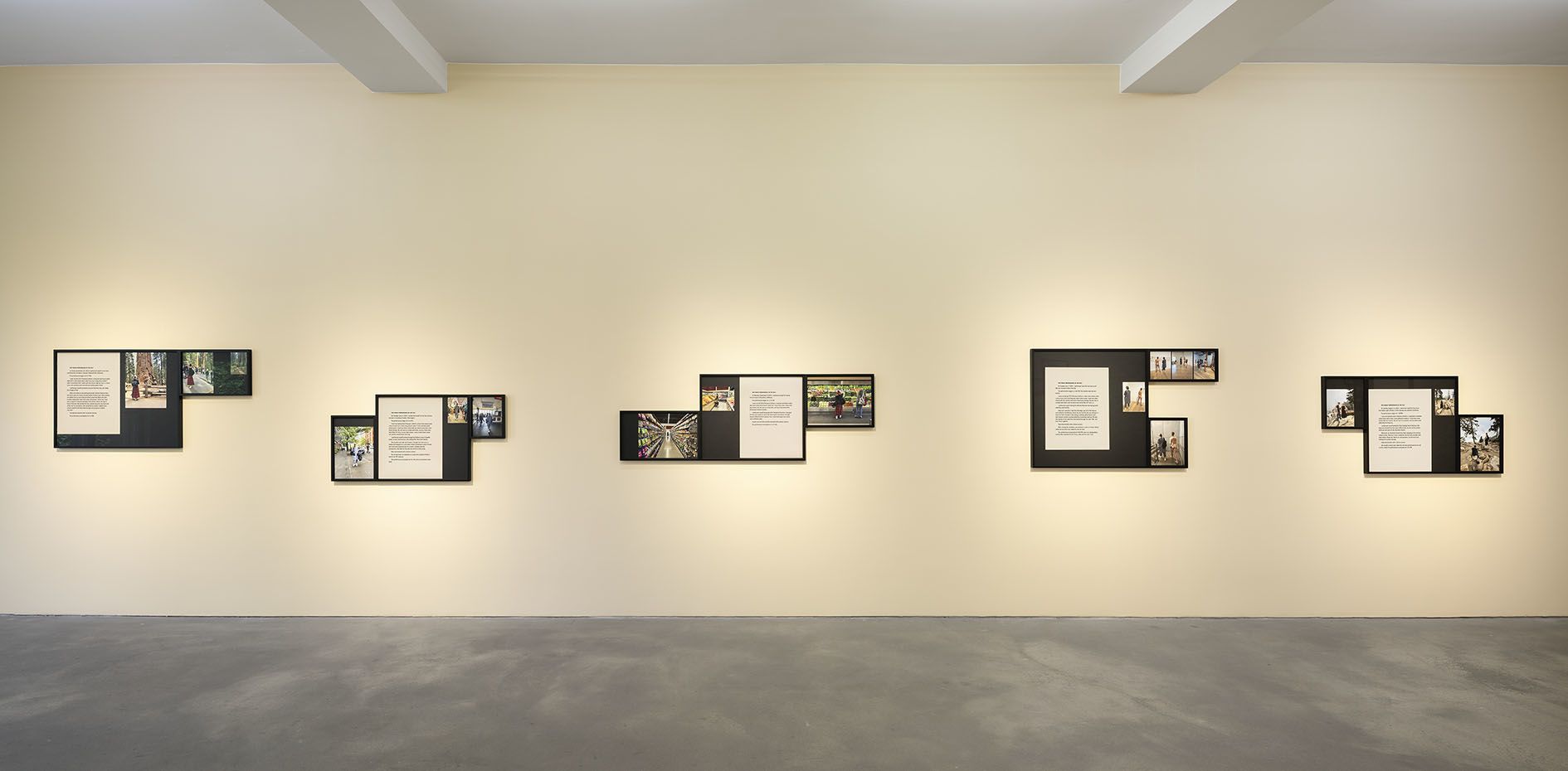 Wide view of gallery wall displaying five separate framed artworks, each containing text and photographic documentation arranged in modular compositions.
