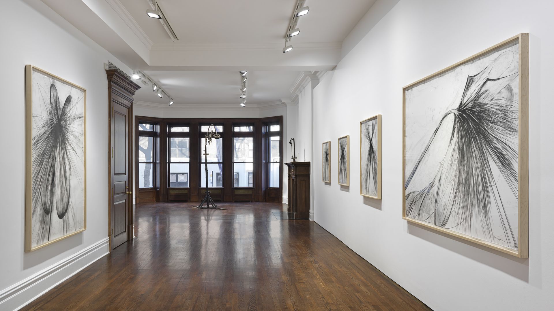 Gallery installation view showing multiple framed black lines drawings on white walls with wooden floor