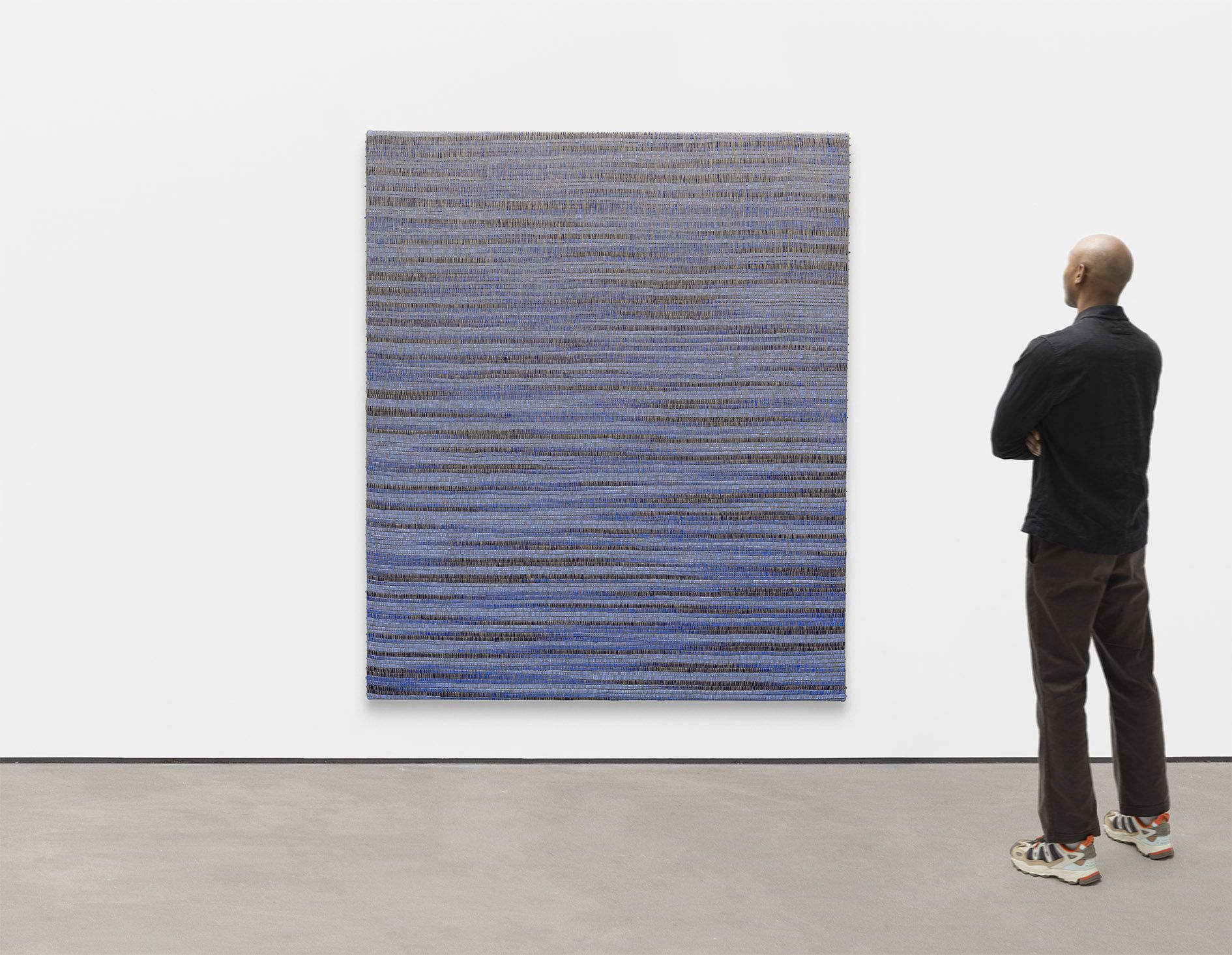 <p><b>Analia Saban<br />
</b><i>Woven Horizontal Gradient as Weft (Top to Bottom, Blue Values)</i>, 2024<br />
Woven acrylic paint and linen thread on panel<br />
204.5 &times; 174.6 &times; 5.4 cm | 80 1/2 &times; 68 3/4 &times; 2 1/8 inches</p>
