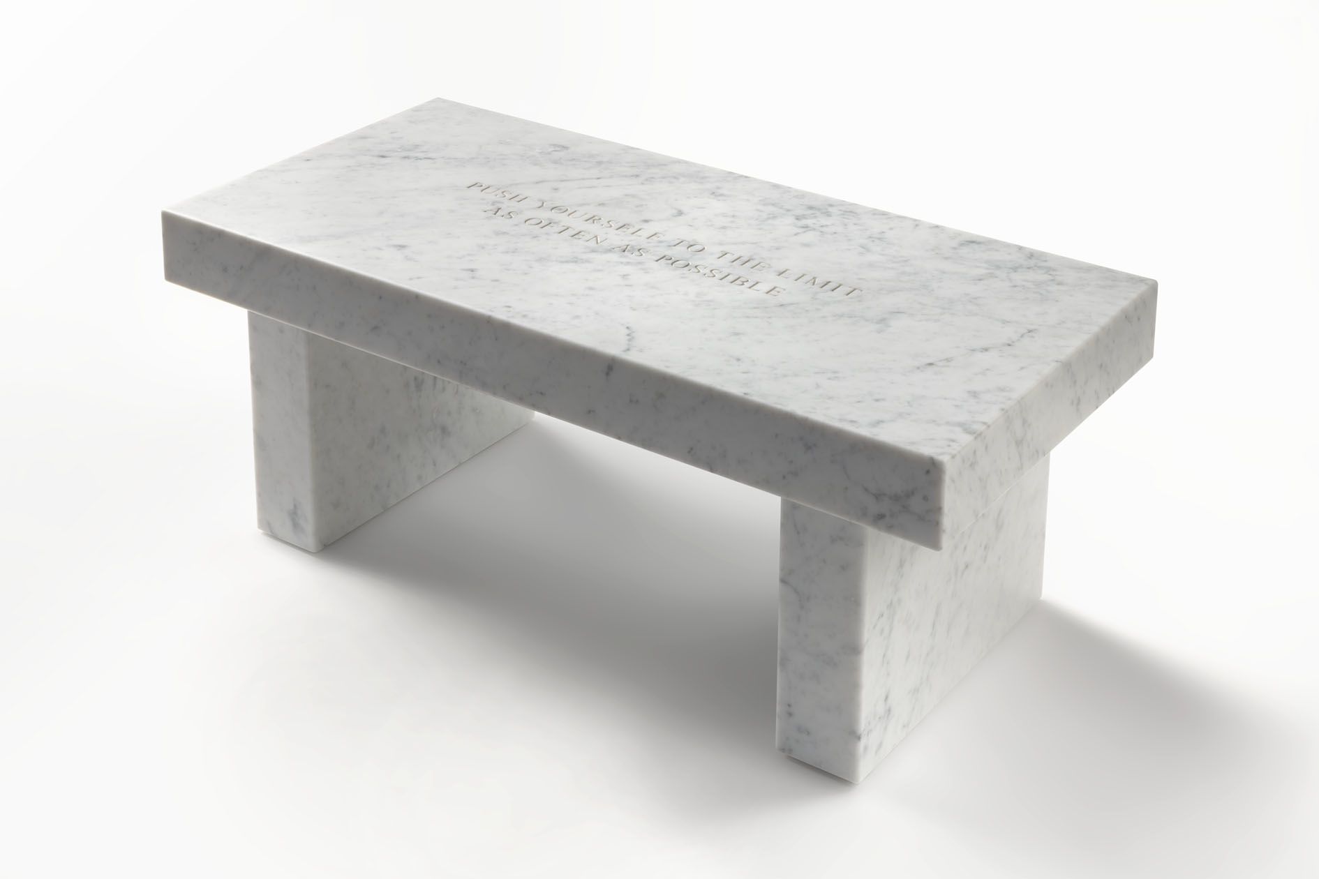 <p><b>Jenny Holzer<br />
</b><i>Truisms: Push yourself to the limit…</i>, 2019<br />
Carrara White marble bench<br />
43.2 &times; 106.7 &times; 50.8 cm | 17 &times; 42 &times; 20 inches<br />
Edition of 3</p>
