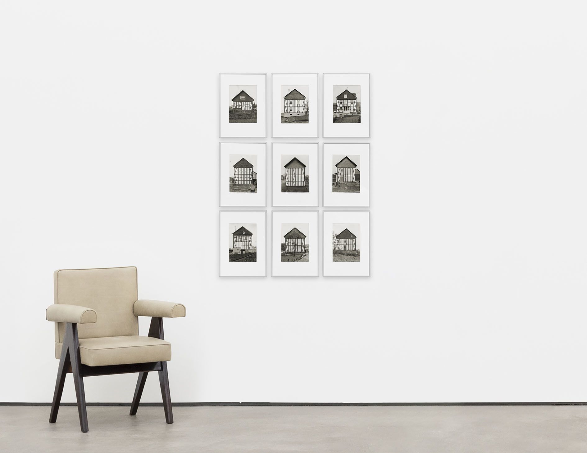 <p><b>Bernd & Hilla Becher<br />
</b><i>Framework Houses</i>, 1960&ndash;73<br />
Nine silver gelatin prints<br />
Each: 23.5 &times; 17 cm | 9 1/4 &times; 6 3/4 inches<br />
Each (framed): 40.4 &times; 29.5 cm | 16 &times; 11 5/8 inches<br />
Overall (framed): 124.5 &times; 91.5 cm | 49 &times; 36 inches</p>
