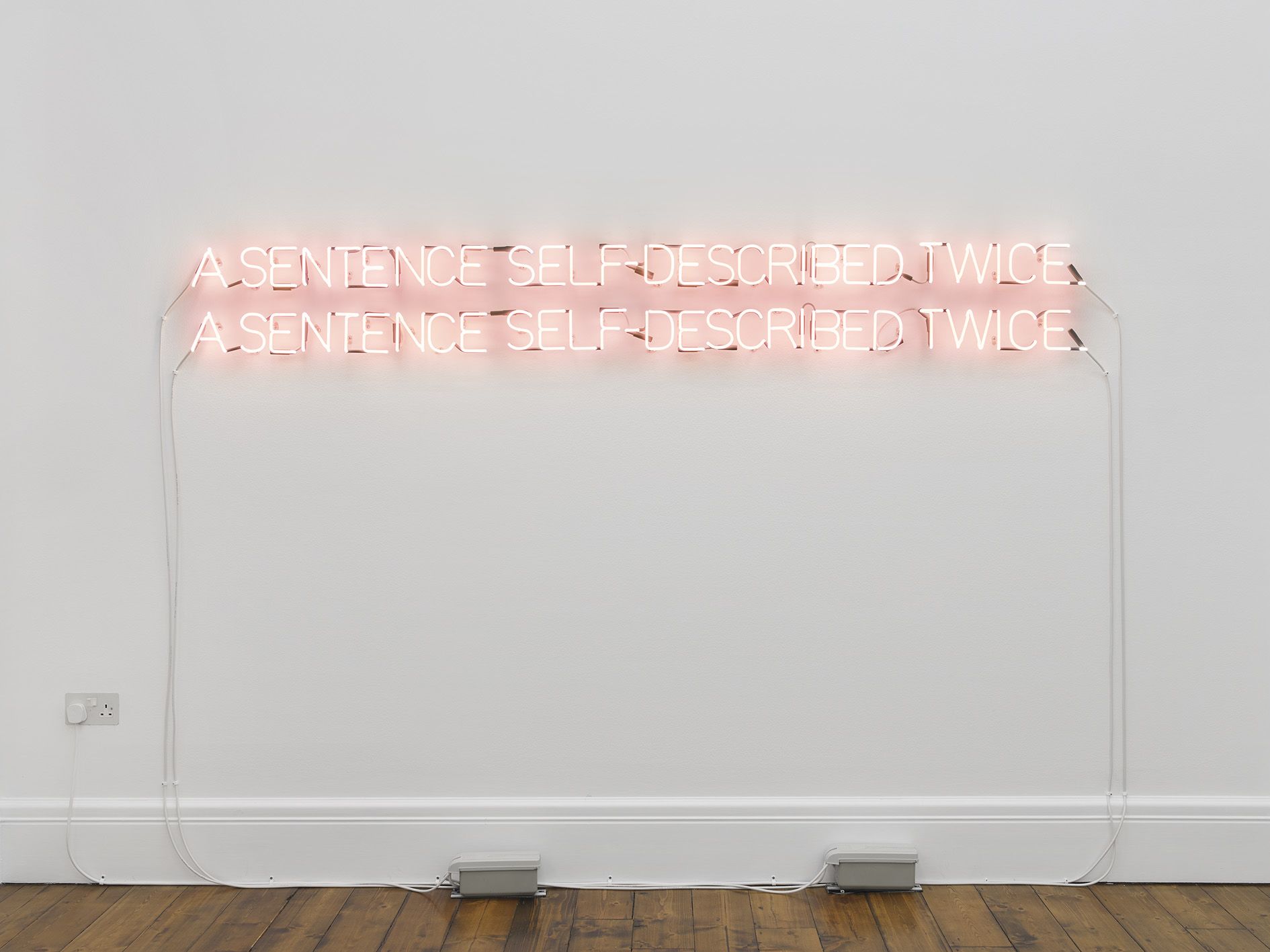 <p><b>Joseph Kosuth<br />
</b><i>&lsquo;Self-Described Twice&rsquo; [Pink]</i>, 1966<br />
Pink neon mounted directly on the wall<br />
28.2 &times; 237.8 cm | 11 &times; 93 5/8 inches</p>
