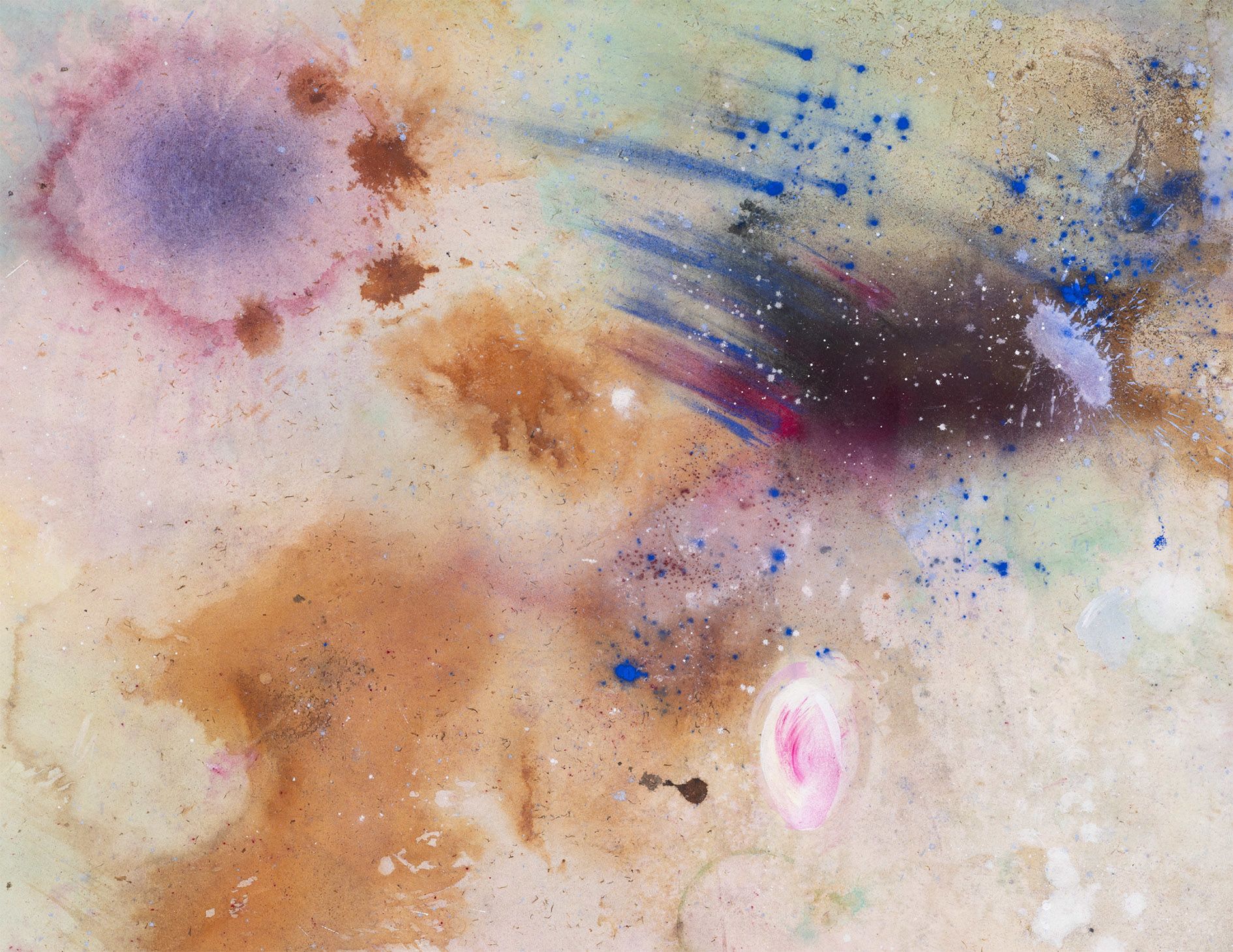 <p><b>Lucy Dodd<br />
</b><i>Between Scylla and Cherybdos</i>, 2024<br />
Flower essences of gorse, dandelion, lily of the valley, bluebell and forget-me-not, copper ink, iron oxide, blue and green spirulina, black and green tea, butterfly pea powder, stickyweed, seaweed, avocado, onion skins, hematite, smalt, cochineal, and acrylic pigments<br />
179 × 209 cm | 70 1/2 × 82 1/4 inches</p>