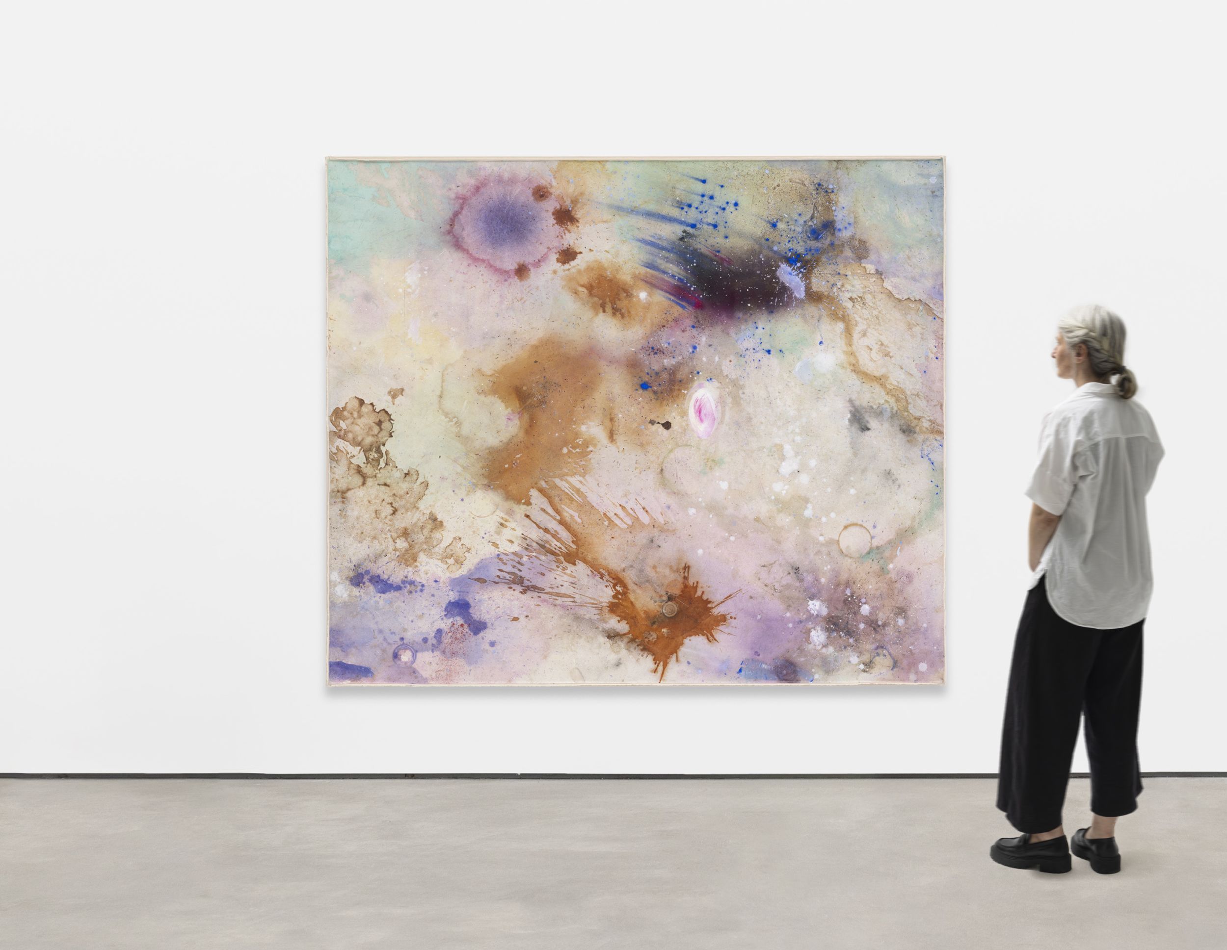<p><b>Lucy Dodd<br />
</b><i>Between Scylla and Cherybdos</i>, 2024<br />
Flower essences of gorse, dandelion, lily of the valley, bluebell and forget-me-not, copper ink, iron oxide, blue and green spirulina, black and green tea, butterfly pea powder, stickyweed, seaweed, avocado, onion skins, hematite, smalt, cochineal, and acrylic pigments<br />
179 × 209 cm | 70 1/2 × 82 1/4 inches</p>