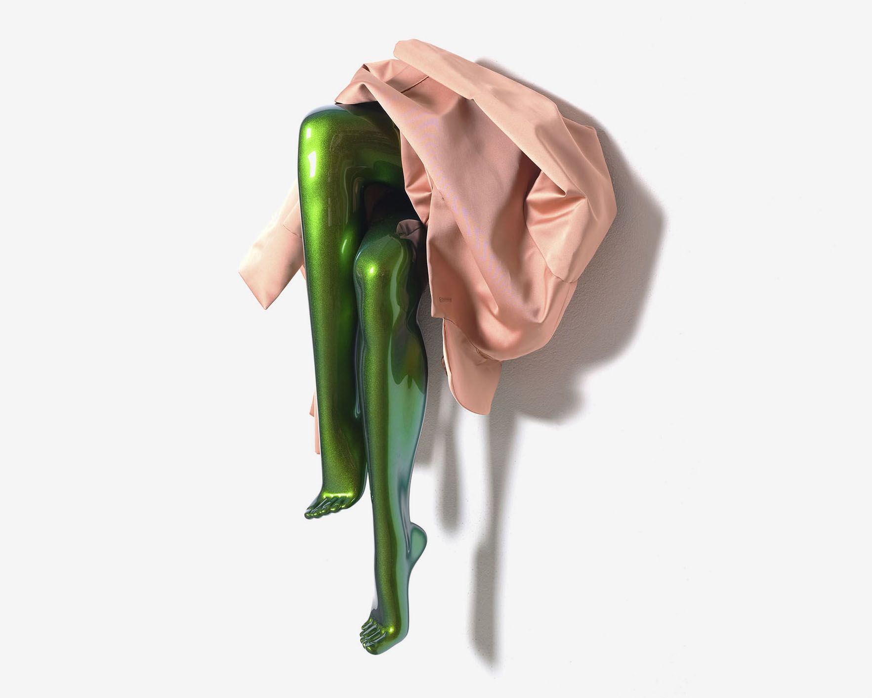 <p><b>Sylvie Fleury<br />
</b><i>Stormy Weather</i>, 2024<br />
Mannequin legs, car paint, blush pink satin coat<br />
Ca. 98 × 65 × 31 cm | 38 5/8 × 25 5/8 × 12 1/8 inches</p>
