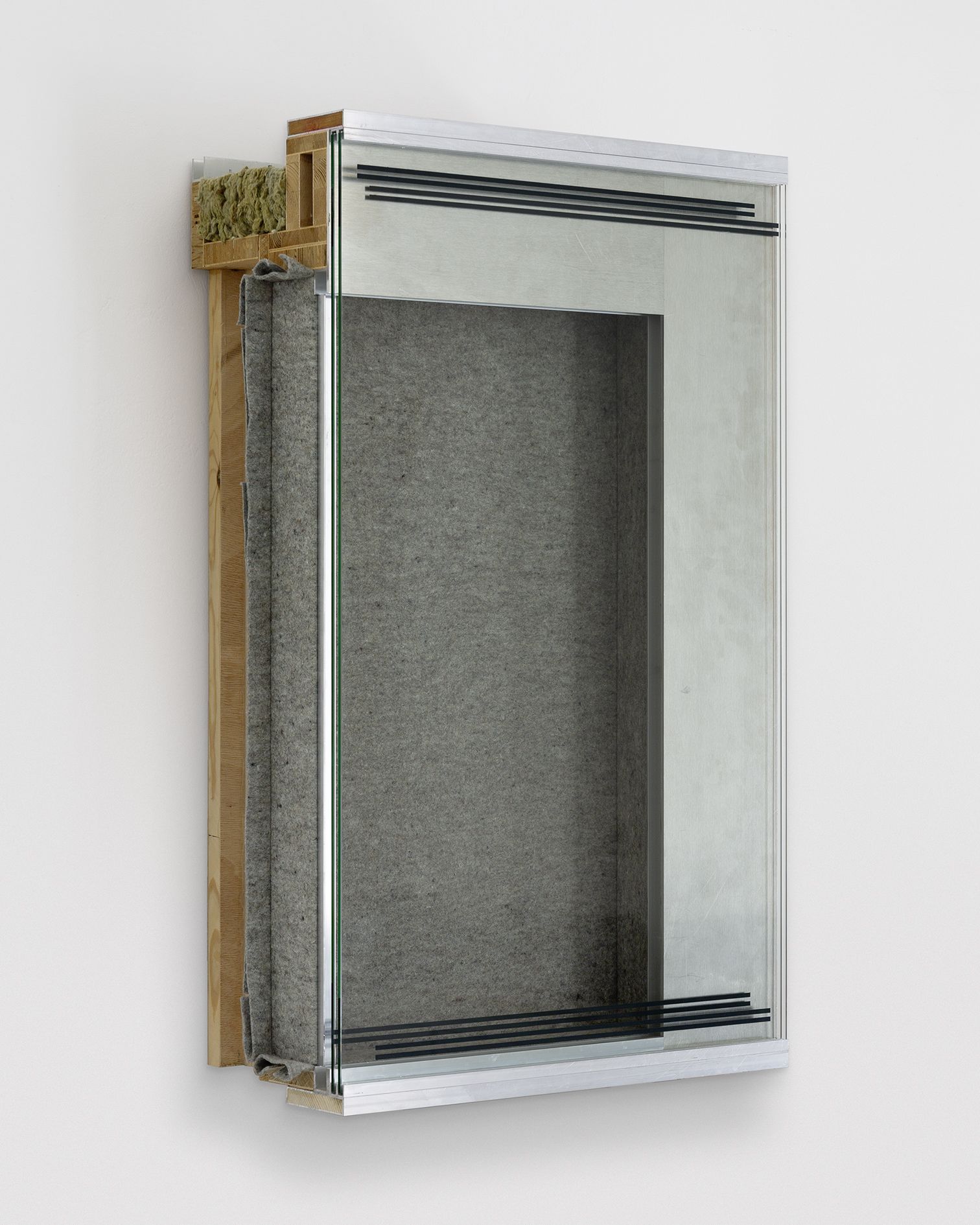 <p><b>Reinhard Mucha<br />
Goyatz</b>, 2025<br />
Aluminum profiles, alkyd enamel painted on reverse of 2 float glass panes, felt, mineral insulation mat, blockboard <br />
97.7 × 61.8 × 28.2 cm | 38 9/16 × 24 5/16 × 11 1/8 inches</p>