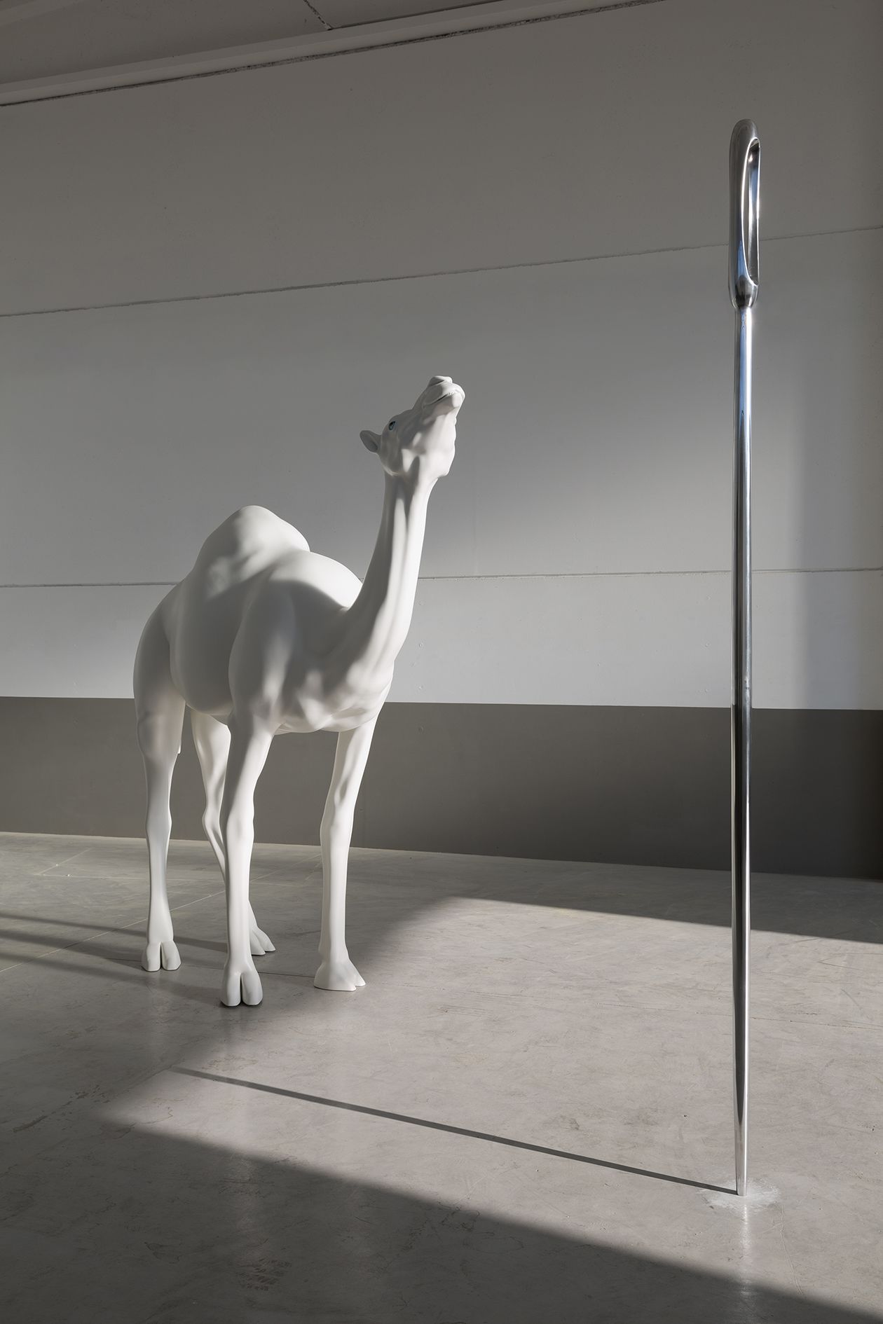 <p><b>John Baldessari<br />
</b><i>Camel (Albino) Contemplating Needle (Large)</i>, 2013<br />
Fiberglass, aluminum, stainless steel, acrylic and paint<br />
Camel: 271.7 &times; 81.2 &times; 269.2 cm | 106 &times; 107 &times; 31 1/2 inches<br />
Needle: 320 &times; 13 &times; 13 cm | 126 1/2 &times; 4 &times; 3 inches<br />
Edition of 3 + 3 AP</p>
